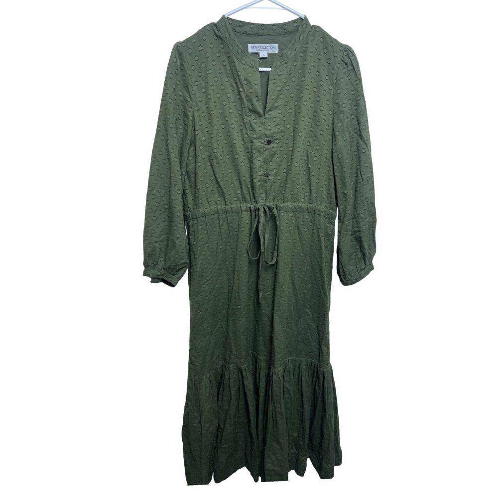 Emerson Fry India Collection Olive Green Clipped Dot Midi‎ Dress Womens S Safari
